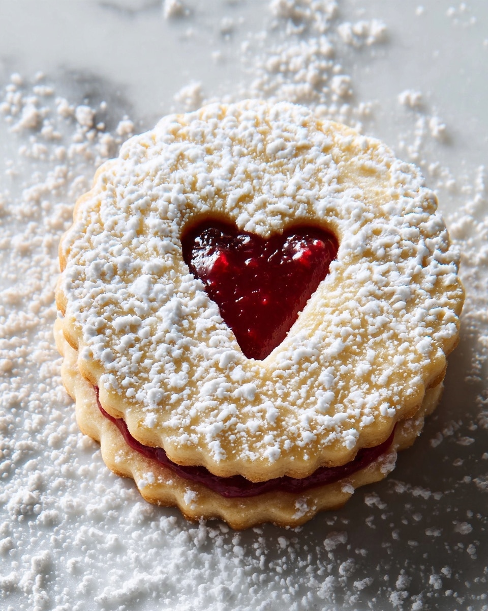 A round cookie with scalloped edges, dusted heavily with white powdered sugar on top, revealing a middle heart-shaped cutout filled with bright red jam that looks glossy and slightly textured. The jam sits between two thin layers of the pale golden cookie dough, creating a clear contrast with the white powdered sugar. The cookie rests on a white marbled surface scattered lightly with powdered sugar around it. photo taken with an iphone --ar 4:5 --v 7