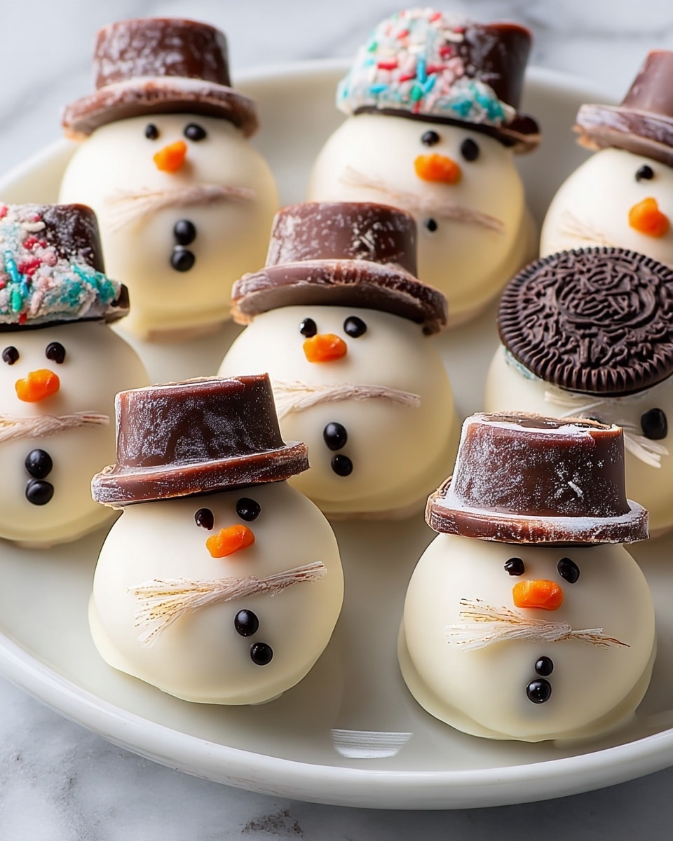 A group of round snowman-shaped treats are placed closely together on a white plate. Each snowman has a smooth, shiny white chocolate coating as the base layer. The face details include two small black eyes and two black buttons, all made of tiny round candy, and a small orange carrot-shaped nose placed in the center. Each snowman has textured white yarn whiskers right below the nose. On top of each snowman's head sits a hat made from chocolate; some hats are dark brown with slight white dusting, while others are covered with colorful red, blue, and white sprinkles. The overall look is playful and festive, with the layering well-defined and detailed. The background under the plate is a white marbled texture photo taken with an iphone --ar 4:5 --v 7