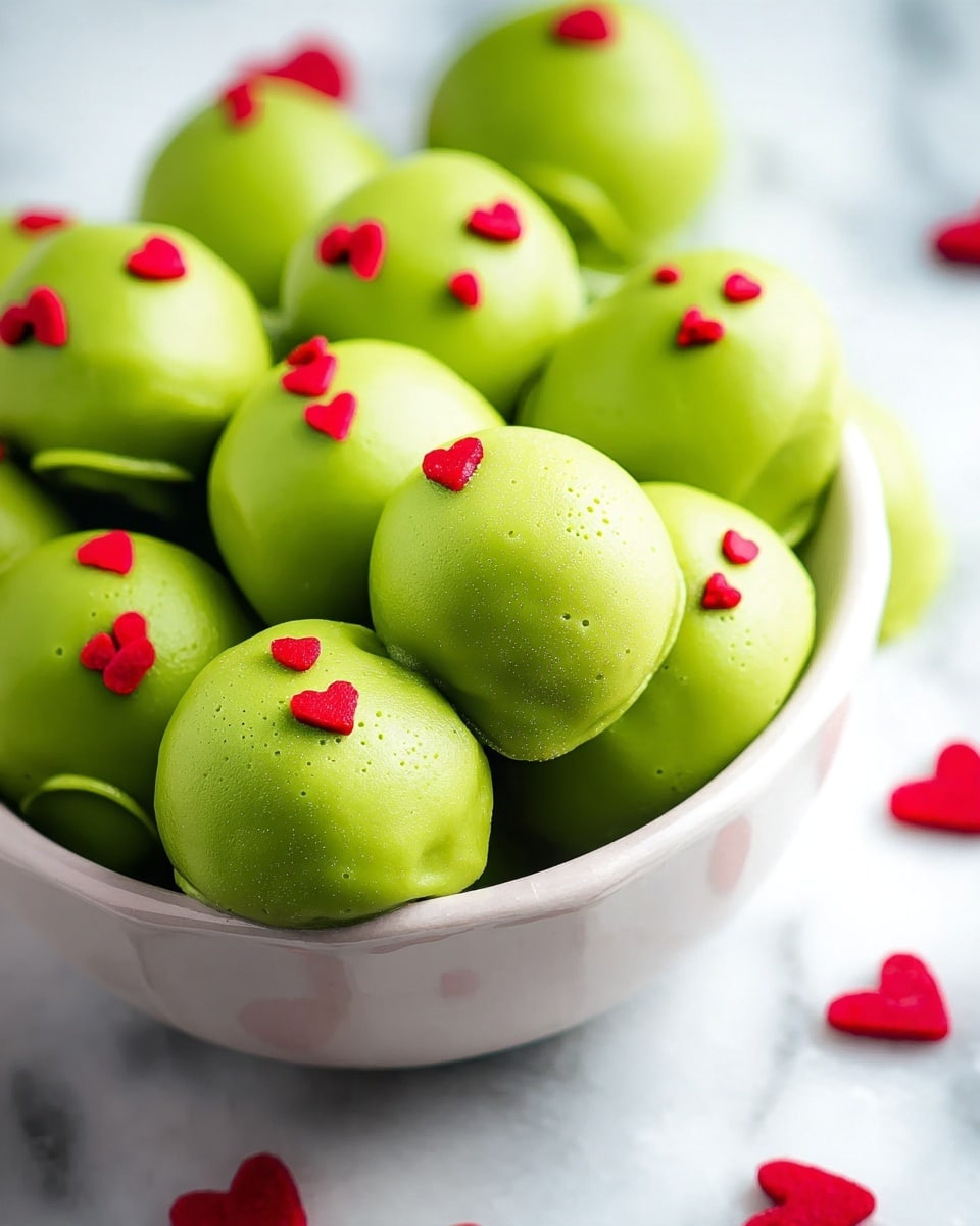 A white bowl filled with round green balls that have a smooth, glossy surface. Each ball is topped with small, red heart-shaped decorations that stand out brightly against the green. The texture of the balls looks creamy and solid, with tiny pores visible on some surfaces. The background is a white marbled texture with blurred bits of red hearts scattered around, enhancing the vibrant look of the green balls. The overall scene is colorful and neat, focusing on the simple beauty of the green treats. photo taken with an iphone --ar 4:5 --v 7