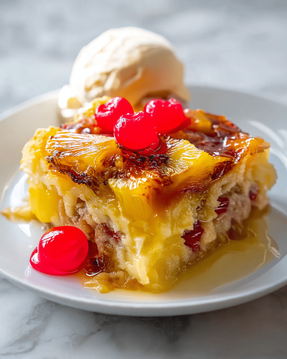 The image shows one slice of pineapple upside-down cake on a white plate, with a scoop of vanilla ice cream next to it. The cake has two visible layers: a golden caramelized top with pineapple chunks and shiny glaze, and a moist yellow sponge cake layer underneath with red cherries embedded inside. Four bright red cherries sit on top of the cake, adding a contrasting color. The plate sits on a wooden surface with a blurred pineapple and a white baking dish in the background. Photo taken with an iphone --ar 4:5 --v 7