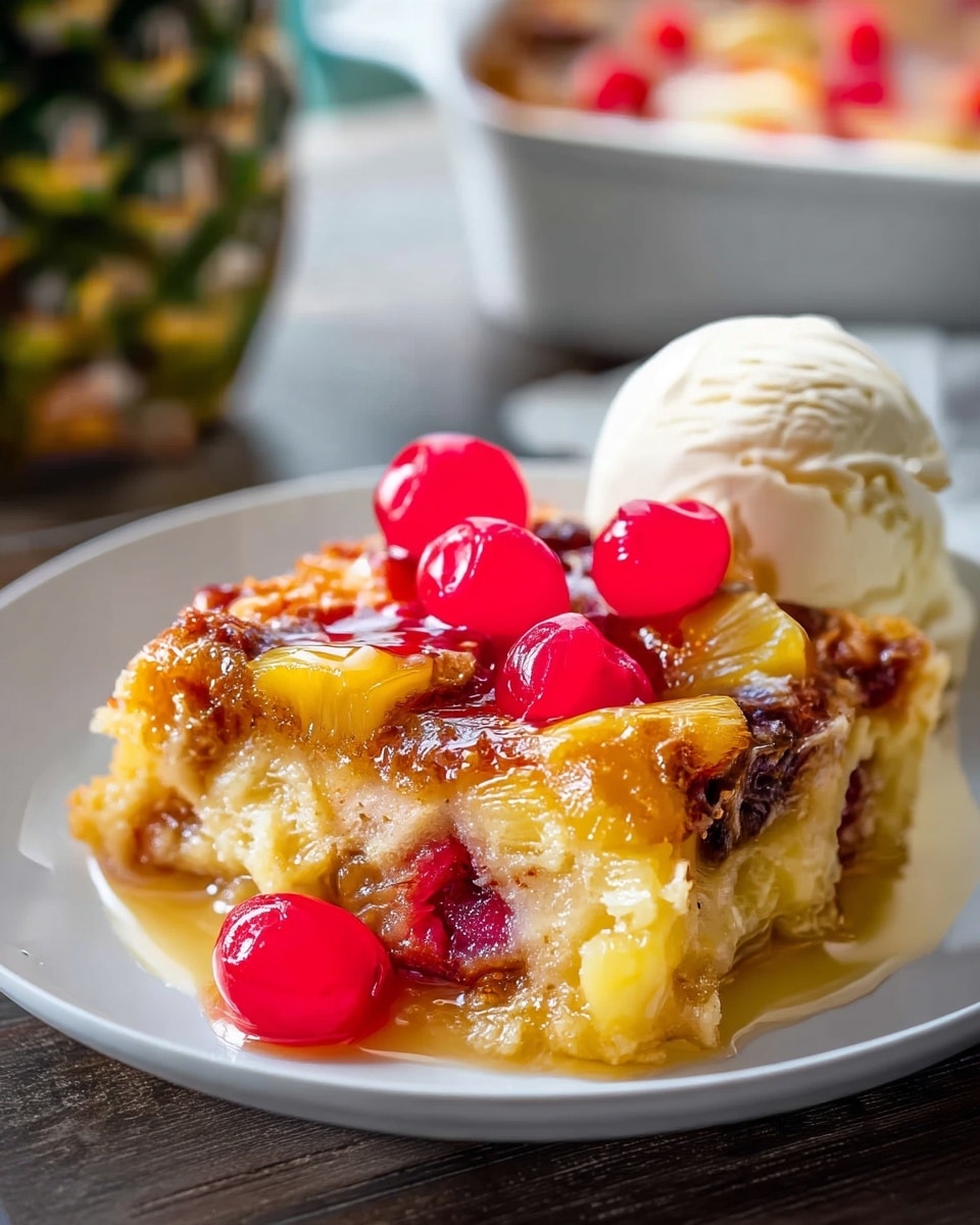 A square piece of pineapple upside-down cake sits on a white plate with a soft scoop of vanilla ice cream behind it. The cake has a golden-yellow top layer made of caramelized pineapple slices arranged closely together, which look shiny and slightly browned around the edges. Bright red maraschino cherries are placed on top and next to the cake, adding a vibrant pop of color. The middle cake layer is a moist, light yellow with visible bits of cherries inside. Syrup or glaze slightly runs down the sides, giving the cake a sticky, glossy look. The white plate rests on a white marbled texture surface. photo taken with an iphone --ar 4:5 --v 7