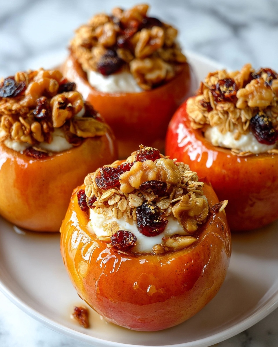 The image shows a glossy baked apple with a warm orange-brown color, hollowed out at the top to hold a scoop of creamy white ice cream. The ice cream is topped with a mixture of crunchy walnuts and dark dried fruits, giving texture and color contrast. The apple rests in a small amount of syrup on a white plate, with more baked apples blurred in the background on a white marbled surface. The scene highlights the shiny, smooth surface of the apples and the rich, nutty topping with a cozy, inviting feel. Photo taken with an iphone --ar 4:5 --v 7