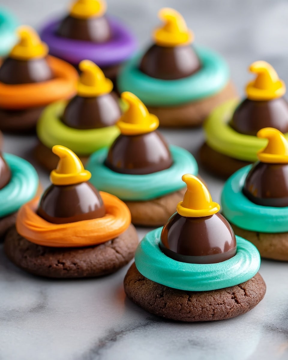The image shows a group of chocolate cookies, each with three layers. The bottom layer is a round dark brown cookie with a slightly rough texture. On top of the cookie is a smooth layer of frosting that swirls in bright colors like green, orange, blue, and purple. The final layer is a small, shiny chocolate witch hat decoration sitting in the center of the frosting, with a yellow ball at the tip and a small yellow belt around the base of the hat. The cookies are arranged neatly on a white plate, all placed on a white marbled surface. photo taken with an iphone --ar 4:5 --v 7