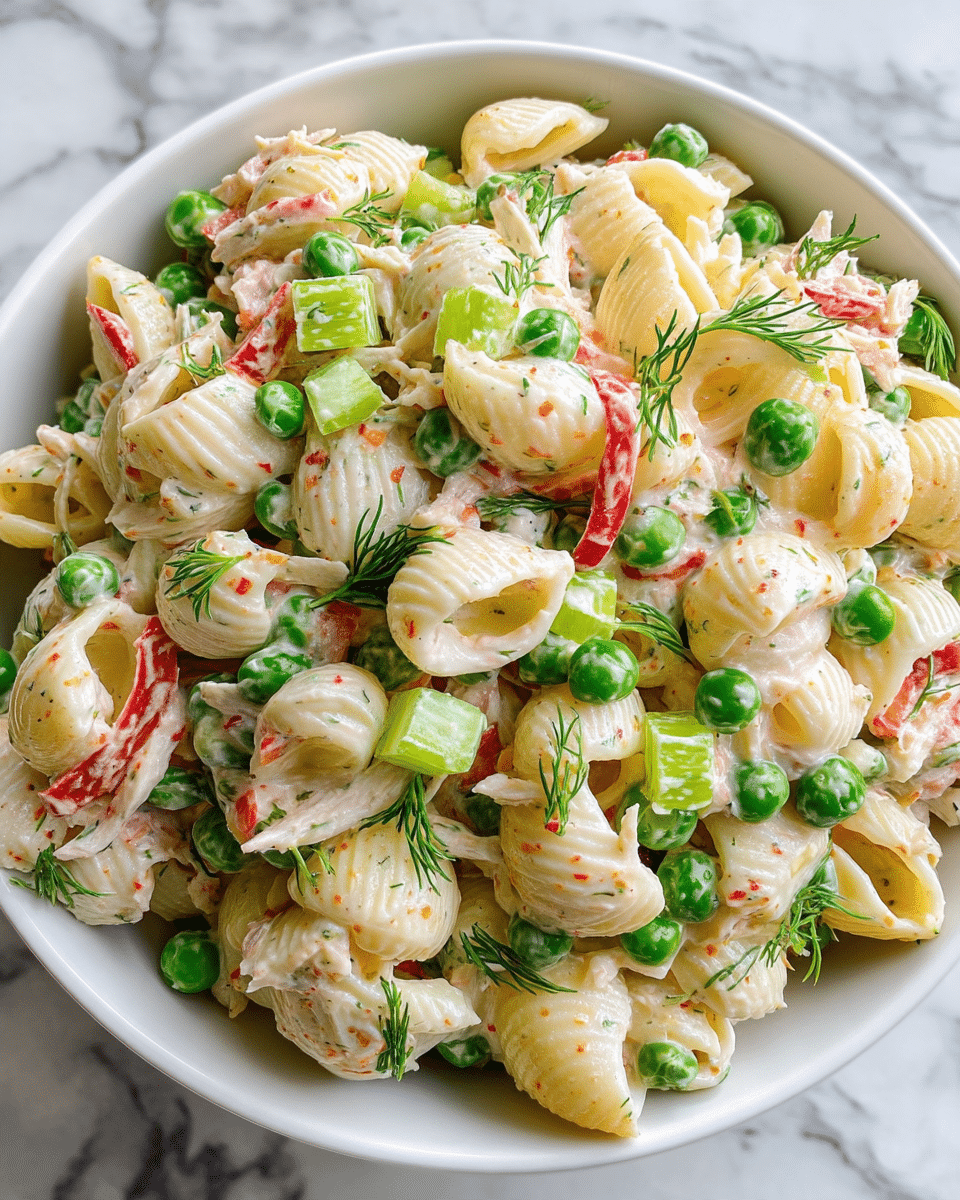 The dish is a close-up view of a creamy pasta salad served in a white bowl. It has three main layers: the first layer is shell pasta with a light yellow color and smooth texture, scattered across the bowl. The second layer is a mix of bright green peas and small celery pieces that add a fresh, crunchy look throughout. The third layer is a creamy white sauce coated evenly, with visible small red strips of peppers and fine green dill leaves spread on top, adding hints of red and green color and texture contrast. The dish sits on a surface with a white marbled texture. Photo taken with an iphone --ar 4:5 --v 7