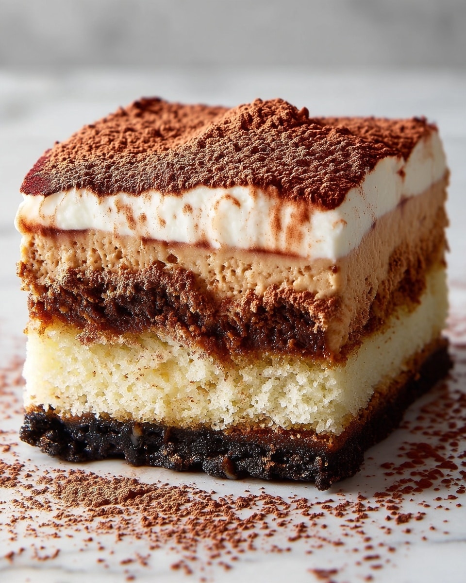 A close-up of a square tiramisu slice showing four clear layers on a white marbled surface: the bottom layer is dark brown and crumbly, looking like crushed chocolate cookies; above it is a pale yellow, soft-looking sponge cake with a light syrup soaking into it; next is a thick beige creamy layer that looks smooth and dense; topped with a thick white cream layer, dusted heavily with fine brown cocoa powder falling from above and covering the top evenly, with some powder falling onto the sides and base edges. Photo taken with an iphone --ar 4:5 --v 7