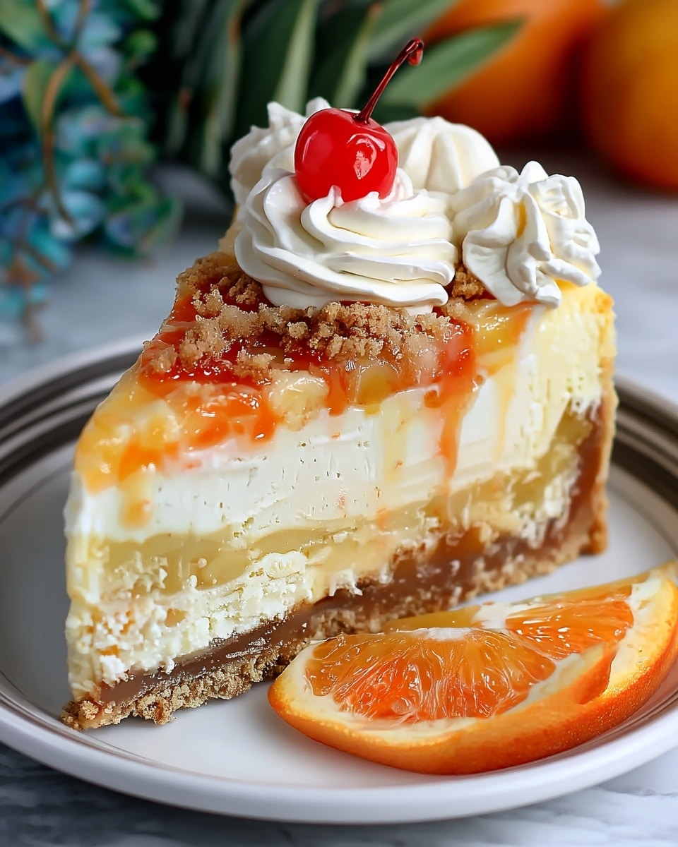A slice of cheesecake on a white plate with a crumbly light brown crust at the bottom, followed by a thick creamy white cheesecake layer with a thin light beige filling in the middle. The top has a light swirl of orange sauce, and there is a border of white whipped cream along one edge, sprinkled with light brown crumbs. On top of the whipped cream are a bright red cherry and small pieces of yellow pineapple and orange fruit. The plate is set on a white marbled surface with a blurred pineapple in the background. Photo taken with an iphone --ar 4:5 --v 7