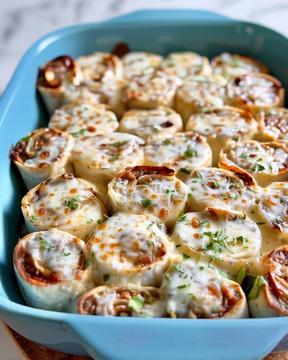 On a white plate with a blue circle in the center, there are five rolled-up pieces of food arranged closely together. Each roll shows visible layers with a golden brown, cooked outer layer and a creamy white melted topping that has browned spots. The rolls have a textured look inside with swirled patterns of darker and lighter shades. Small green herb pieces are sprinkled over the rolls and scattered on the plate, adding a fresh contrast. Part of a wooden board and a dish with a light orange sauce are visible in the blurred white marbled background. Photo taken with an iphone --ar 4:5 --v 7