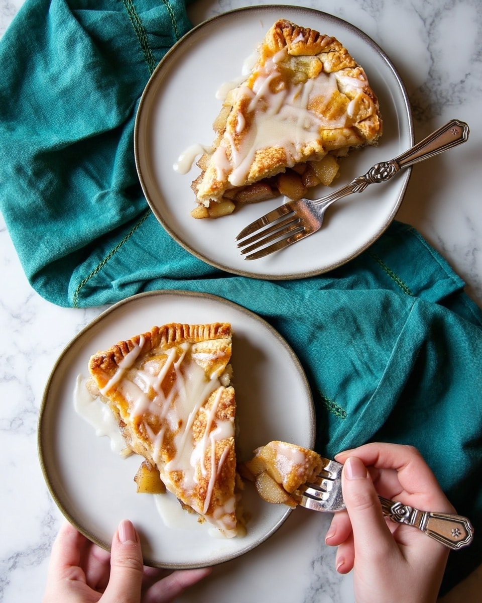 Two triangular slices of pie with a golden brown crust sit on separate small white plates, each topped with a light beige icing drizzle that glistens slightly. The pie shows a thick, soft filling with visible chunks of apple inside, seen where one slice has been cut, showing the filling’s light golden color and moist texture. Each plate holds a vintage silver fork with an ornate handle; one fork lifts a small piece of pie, held by a woman's hand. The plates rest on a white marbled surface, accompanied by a dark teal cloth with stitched edges casually folded beside them. The warm tones of the pie contrast softly against the cool-toned background. photo taken with an iphone --ar 4:5 --v 7