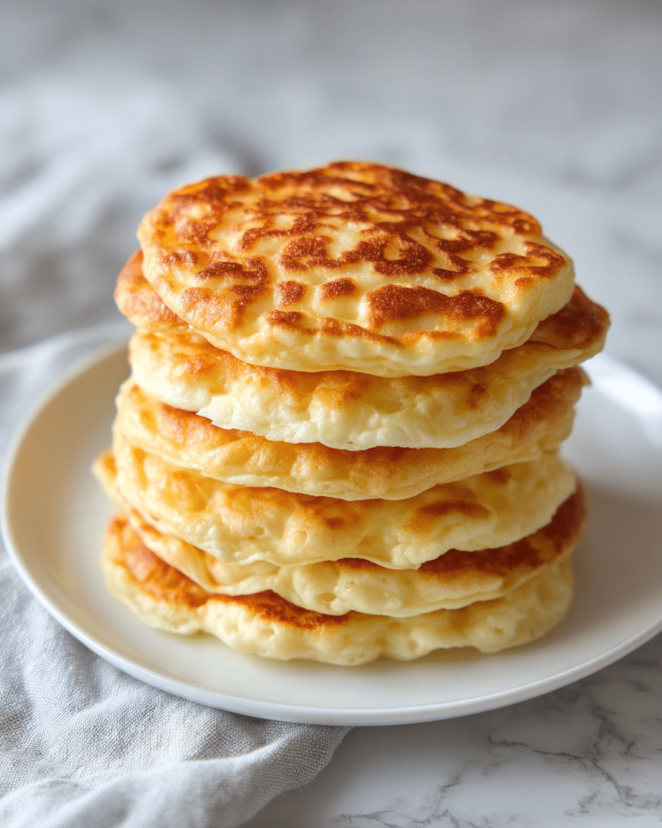 A stack of six fluffy pancakes with a light golden brown color on the top sides and pale yellow on the edges, showing a soft and airy texture with slight bubbles on the surface. The pancakes are evenly stacked on a white plate, each layer visible with a thin fluffy edge around them. The background is a white marbled texture, with a soft focus on the plate and a subtle cloth in the foreground. photo taken with an iphone --ar 4:5 --v 7