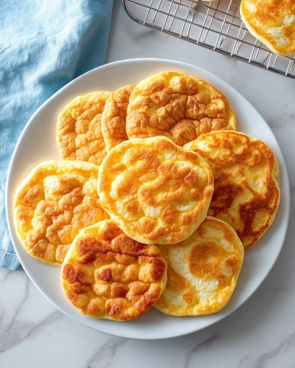 A round white plate holds eight small, fluffy pancakes stacked in a slightly overlapping circle. Each pancake has a golden-brown, unevenly textured top with puffed, cloud-like peaks, while the sides show a softer, lighter yellow color. The pancakes appear light and airy with a spongy surface. In the top right corner, one more pancake is cooling on a silver metal rack. The whole scene is set on a white marbled surface with a light blue cloth partially visible in the top left corner. Photo taken with an iphone --ar 4:5 --v 7