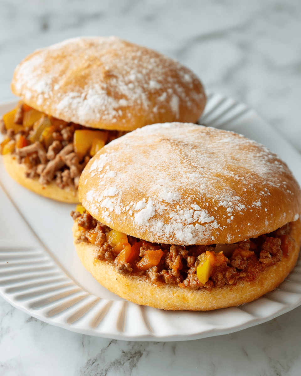 Two round sandwiches rest on a white plate with ridged edges, placed on a white marbled surface. Each sandwich has two layers: the top layer is a golden brown bun dusted with flour, soft and slightly textured. The bottom layer consists of a mix of cooked ground meat with small chunks of yellow and orange bell peppers, showing a moist, hearty texture that peeks out from the sides of the buns. The sandwiches are close together, with one slightly overlapping the other, displaying a simple and rustic look. Photo taken with an iphone --ar 4:5 --v 7