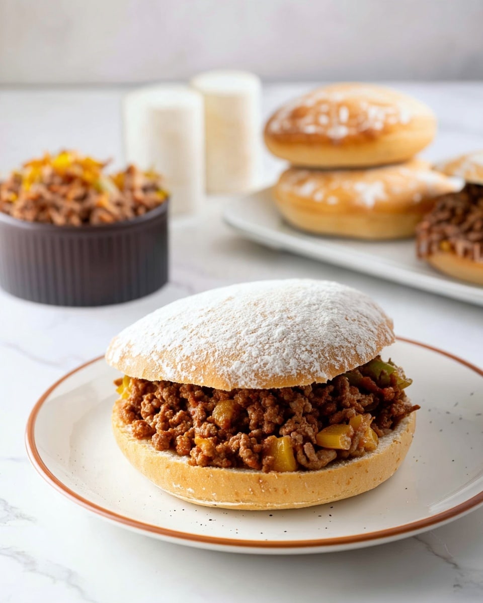 A close-up view of a two-layer sandwich on a white plate with a thin brown ring around the edge, placed on a white marbled surface. The sandwich consists of a soft, round bun dusted lightly with white flour on top, with the bottom half holding a thick layer of cooked ground meat mixed with small pieces of yellow bell pepper. In the background, there is a white rectangular plate holding two more stacked buns and a sandwich with the same filling partially visible, along with a dark brown small bowl filled with the meat mix and two white cylindrical objects. Photo taken with an iphone --ar 4:5 --v 7