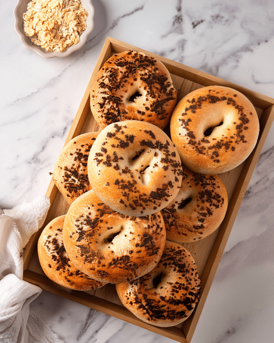 A wooden tray holds eight golden-brown bagels topped evenly with small, dark browned onion bits, giving a slightly rough texture on the top. Each bagel is round with a central hole, and the crust looks shiny and crisp with a soft, light beige interior visible in the holes. The tray is set on a white marbled surface with light gray veining. To the upper left side, a white bowl filled with pale, chopped oats is partially visible. At the bottom left corner, a soft, loosely folded, off-white cloth adds a cozy touch to the scene. photo taken with an iphone --ar 4:5 --v 7