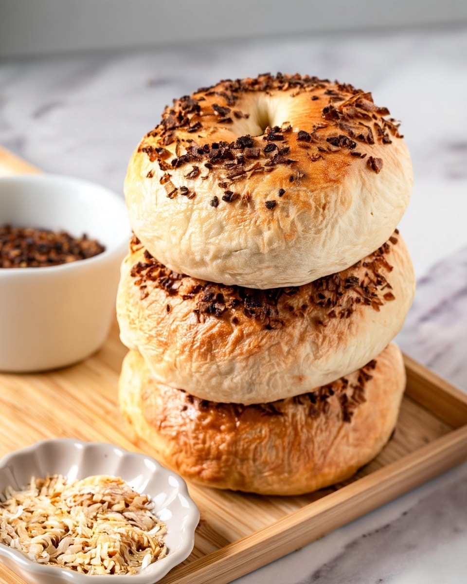 A close-up image shows a tall stack of three onion bagels placed on a light wooden tray with a white marbled surface underneath. Each bagel has a golden brown top crust sprinkled with dark brown dried onion flakes that add texture and depth to the surface. The bagels have a slightly shiny appearance, showing the freshness and softness of the bread. At the bottom left corner, a part of a small white dish filled with light beige crushed dried onions is visible, complementing the bagels visually. The overall color palette is warm and natural with a clean white marbled background. photo taken with an iphone --ar 4:5 --v 7
