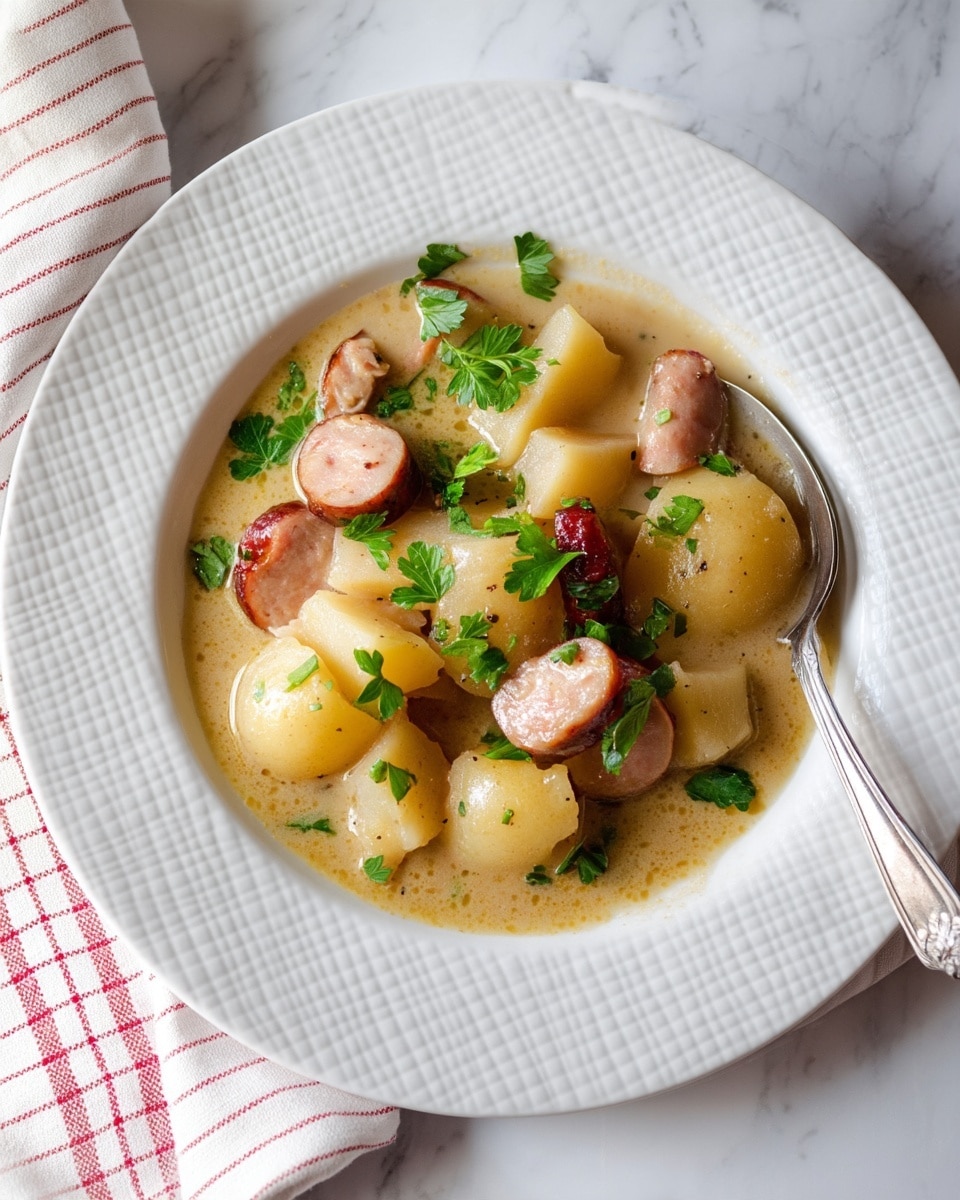 A white plate with a textured rim holds a creamy stew featuring large, soft, yellowish potatoes and several pieces of browned sausage with a pink center. The stew is light brown with a smooth texture, lightly covering the potatoes and sausage. Fresh green parsley leaves are sprinkled on top, adding color contrast. The plate sits on a white marbled surface next to a white cloth with red stripes, with a silver spoon partially visible on the right side of the plate. photo taken with an iphone --ar 4:5 --v 7