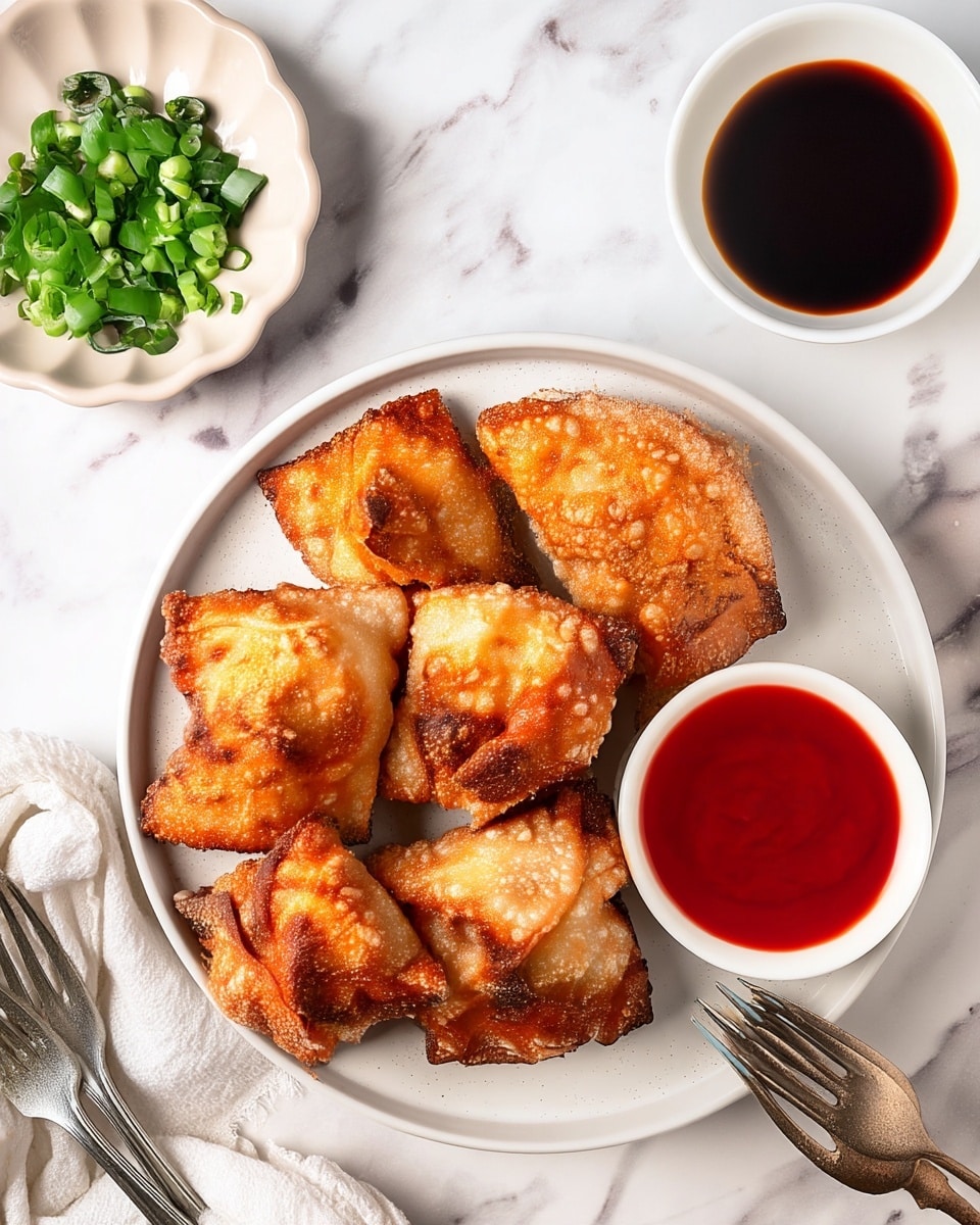 A white round plate holds five crispy golden-brown fried dumplings with textured, bubbly skin, arranged in a scattered layer. To the right side of the plate is a small white bowl filled with bright red dipping sauce, smooth and shiny. Above the plate, there is a small white fluted dish with chopped green onions, showing a fresh bright green color. Next to it is another small white bowl filled with dark brown soy sauce, shiny on top. The whole setup is placed on a white marbled surface, with part of a crumpled off-white cloth napkin on the lower left and two small silver forks on the bottom right corner. Photo taken with an iphone --ar 4:5 --v 7