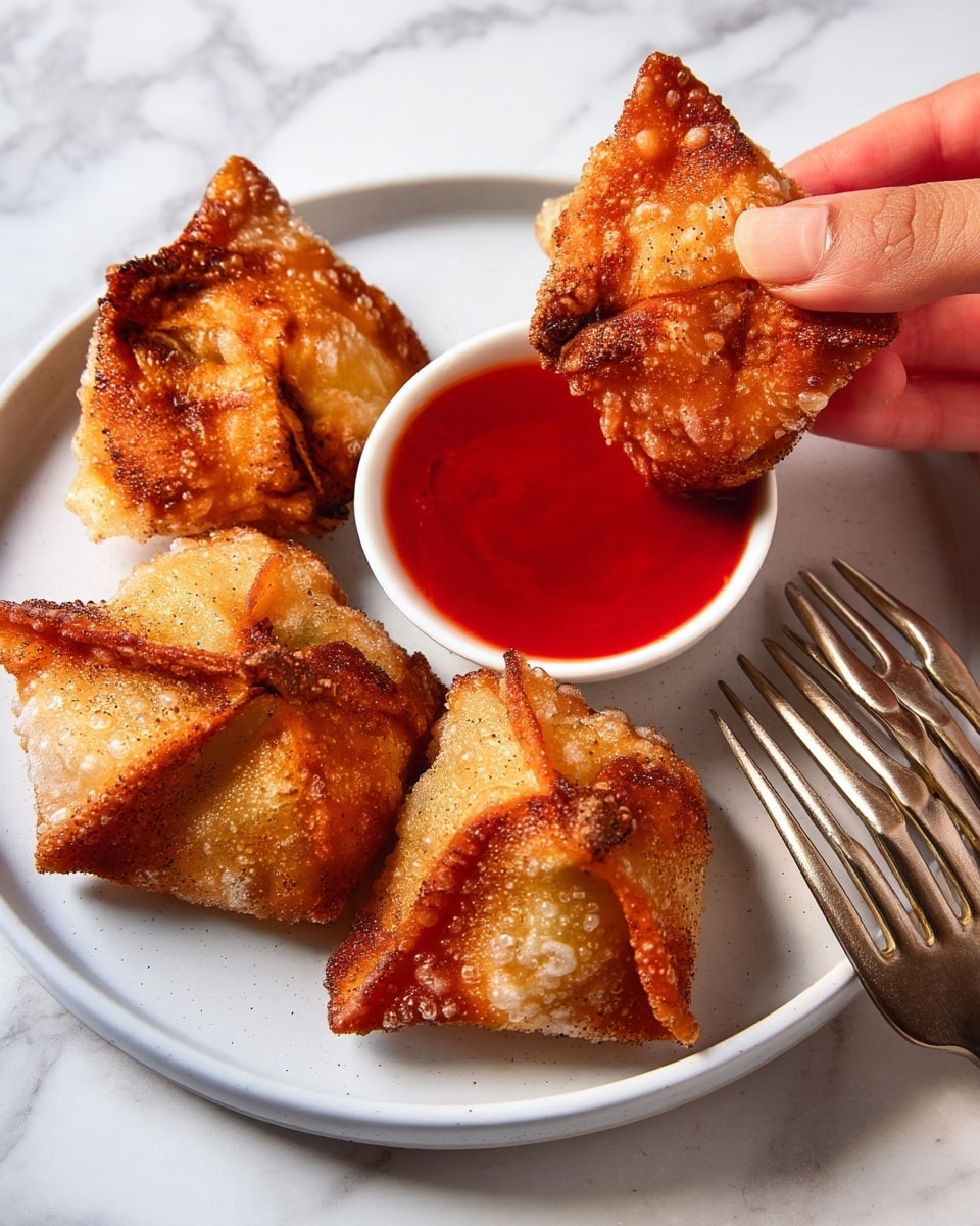 A white plate holds four golden-brown fried wontons with a crispy, bubbly texture on their surface. The wontons are tightly folded with darker burnt spots visible, showing their crunchiness. One wonton is held by a woman's hand, being dipped into a small white bowl filled with bright red dipping sauce placed at the center of the plate. A few silver forks are on the side of the plate. The plate is set on a white marbled surface. photo taken with an iphone --ar 4:5 --v 7