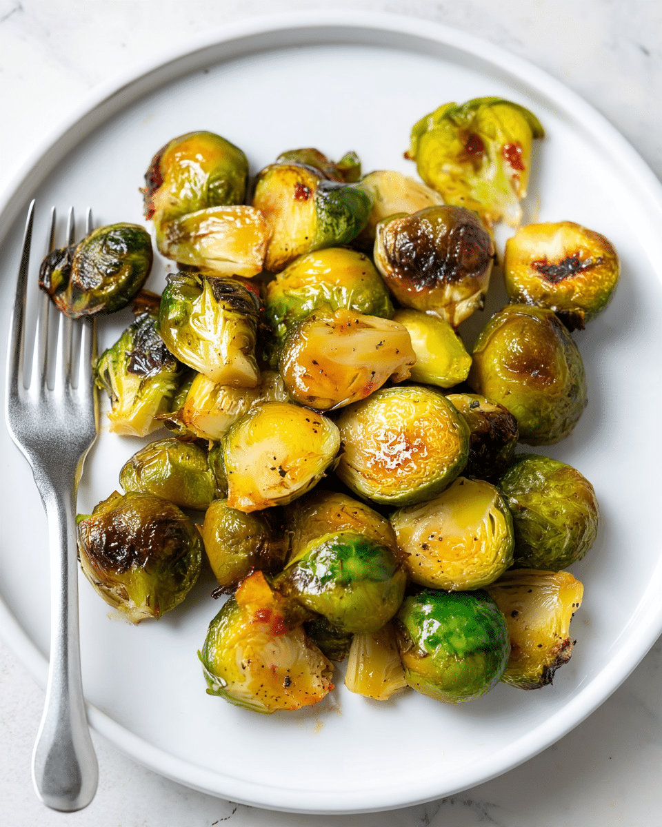 A white plate holds a single layer of roasted Brussels sprouts, each cut in half showing bright green outer leaves and a soft, golden yellow inside with some spots browned from roasting. The Brussels sprouts glisten with a shiny coating of oil and tiny black pepper specks, some pieces have slightly charred edges adding a dark brown texture. A silver fork is placed on the left side of the plate, resting on the edge. The plate is on a white marbled surface. photo taken with an iphone --ar 4:5 --v 7
