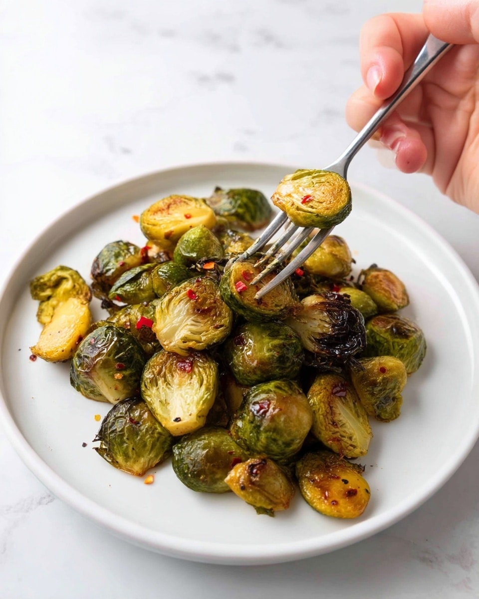A white plate filled with a pile of roasted brussels sprouts, each cut in half showing a mix of golden brown crispy edges and slightly charred green leaves, with hints of black pepper and red chili flakes sprinkled on top; a woman's hand holding a fork lifts one half of a brussels sprout above the plate, highlighting its tender, shiny texture. The plate sits on a white marbled surface. photo taken with an iphone --ar 4:5 --v 7