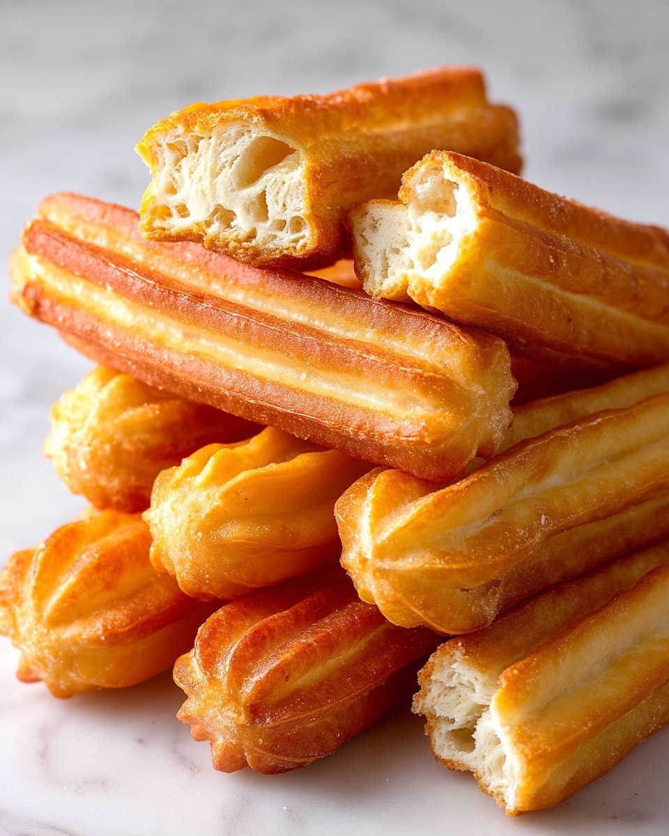 A close-up image of several golden-brown churros stacked closely together on a white marbled surface, showing their ridged texture and crispy exterior. On top of the pile lie two pieces of churro broken in half, revealing the airy, soft inside with a light cream color and a slightly chewy texture. The churros' deep golden color contrasts with their pale inner layers, emphasizing the crunchy outside and tender crumb inside. photo taken with an iphone --ar 4:5 --v 7