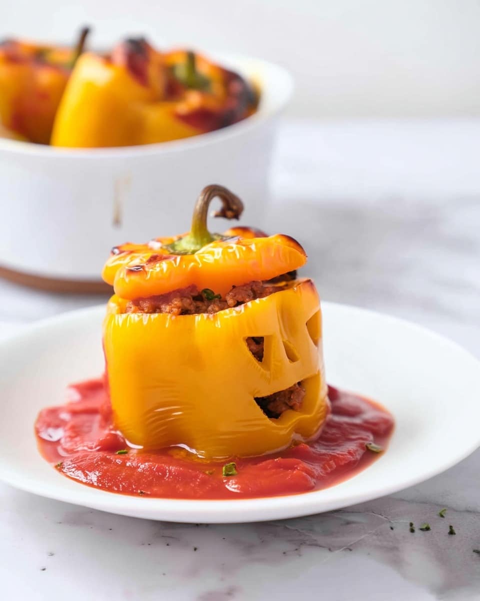 A small yellow bell pepper with a carved jack-o-lantern face is placed upright on a white plate with a pool of smooth red tomato sauce beneath it, showing soft and shiny textures. The top of the pepper, with a browned stem, is slightly tipped open and resting back on the pepper, revealing a minced meat stuffing inside. In the blurry background, there is a white bowl filled with more stuffed yellow peppers. The scene sits on a white marbled textured surface. Photo taken with an iphone --ar 4:5 --v 7