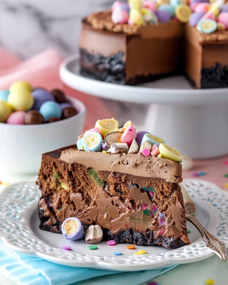 A close-up slice of a three-layer chocolate cake on a white plate with a decorative edge, resting on a white marbled surface, showing a thick dark chocolate crumb base, a rich middle layer with colorful sprinkles inside, and a smooth, lighter chocolate mousse top layer. The top of the slice is covered with broken pieces of pastel-colored candy shells with crunchy centers and some small round confetti sprinkles around. A vintage silver fork lies next to the slice. In the background, part of the whole cake sits on a white cake stand, with the same chocolate layers visible, and a white bowl filled with colorful candy spheres. Photo taken with an iphone --ar 4:5 --v 7