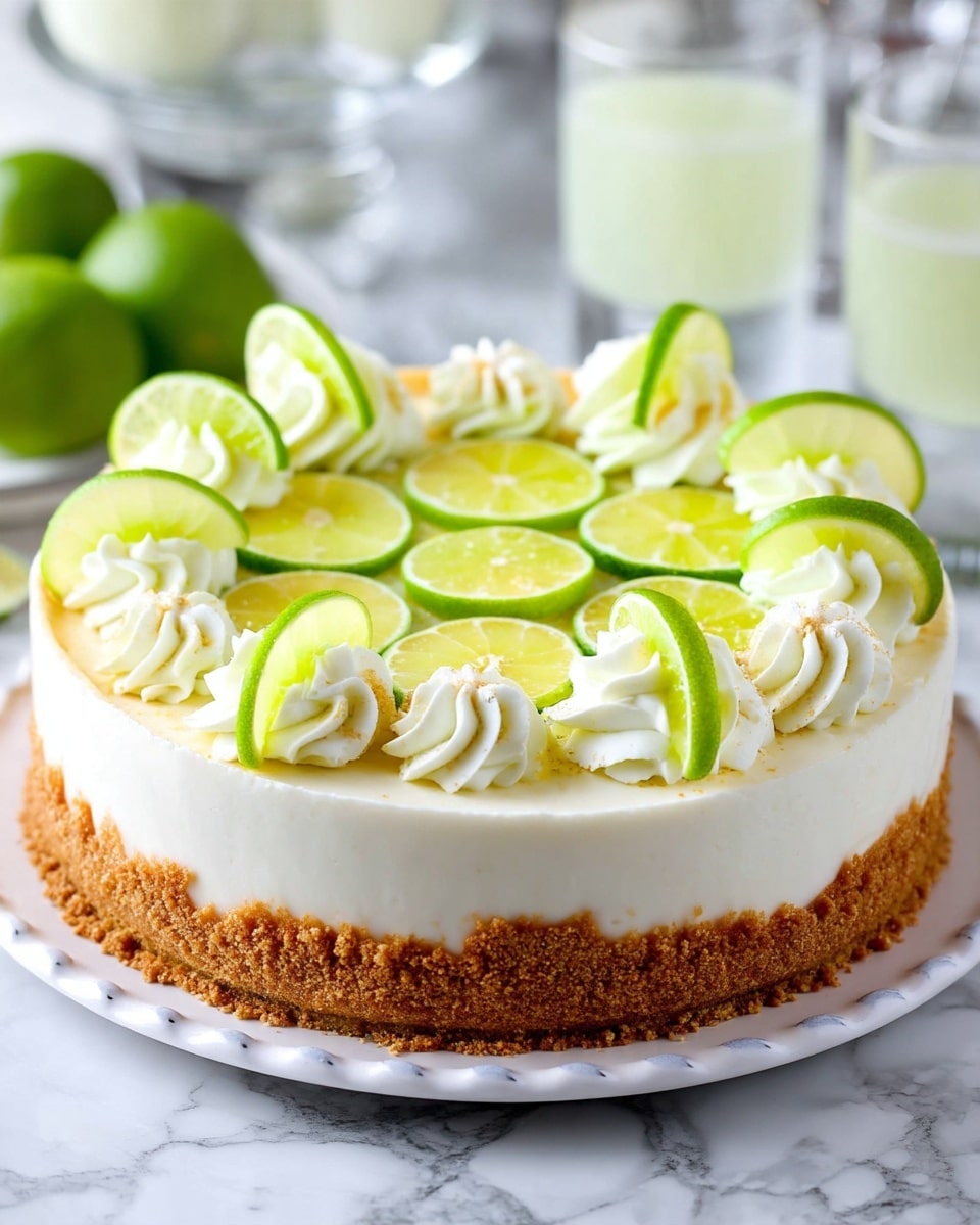 The image shows a lime cheesecake with three main layers: a thick golden crumb crust on the outside and bottom, a smooth creamy white cheesecake layer in the middle, and on top, there are thin round slices of bright green lime neatly arranged in a circle. Around the edge of the cheesecake, there are white swirls of whipped cream with each swirl topped with a thin lime wedge placed vertically. The cheesecake is on a white plate, set on a white marbled surface, with blurred lime halves and glasses of white liquid in the background. photo taken with an iphone --ar 4:5 --v 7