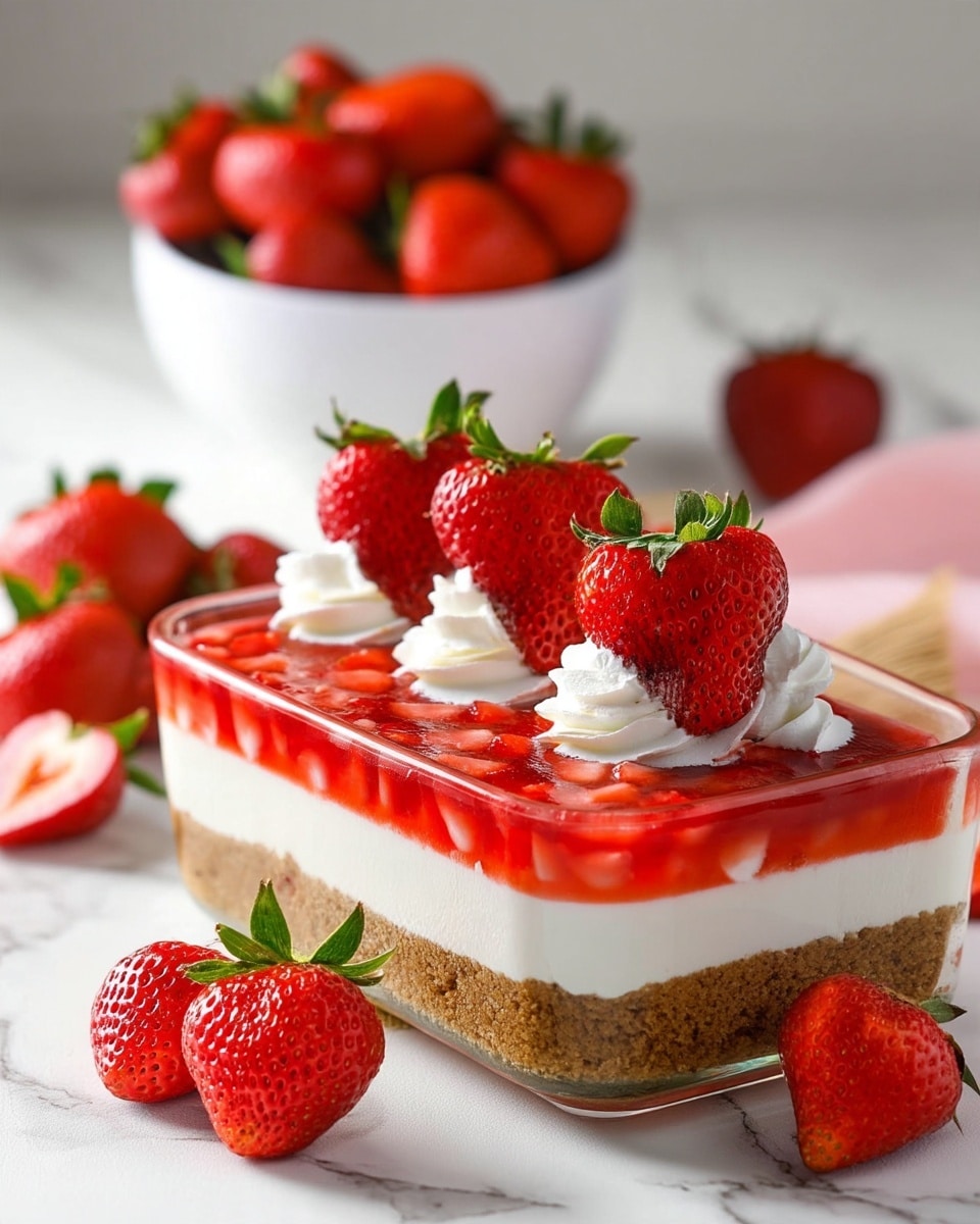 The image shows a dessert in a clear glass dish with three visible layers: the bottom layer is light brown and looks crumbly, the middle layer is a thick, creamy white, and the top layer is a bright red jelly with small strawberry pieces inside. On top of this red jelly layer, there are several evenly spaced white whipped cream dollops, each topped with a fresh, halved strawberry with green leaves. Around the dish, there are some whole and halved strawberries placed on a white marbled surface. In the background, a white bowl filled with red strawberries is slightly out of focus. The scene is bright and fresh. photo taken with an iphone --ar 4:5 --v 7