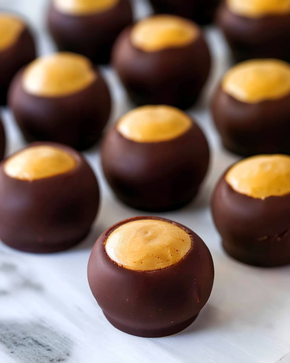 The image shows several small round chocolate candies arranged in rows on a white marbled surface. Each candy has two layers: a smooth dark brown chocolate outer shell forming a sphere, and a slightly domed, creamy tan filling on top, visible as a round circle embedded in each chocolate sphere. The candies are closely placed, with the focus on the nearest one in the front, making the background candies softly blurred. The overall look is neat and appetizing, highlighting the contrast between the dark chocolate and light filling. photo taken with an iphone --ar 4:5 --v 7