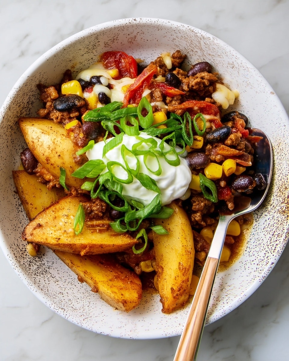 The dish is served in a large white bowl with brown speckles inside. The bottom layer shows golden brown potato wedges, partially covered by a mix of cooked ground meat, black beans, and yellow corn kernels. There are pieces of red tomato and cooked onions scattered throughout along with melted white cheese. On top of the mix, there are fresh green sliced scallions adding a bright contrast. In the center, a dollop of white sour cream rests. A silver spoon with a wooden handle is placed inside the bowl on the right side, resting on the food. The background surface is a white marbled texture. Photo taken with an iphone --ar 4:5 --v 7