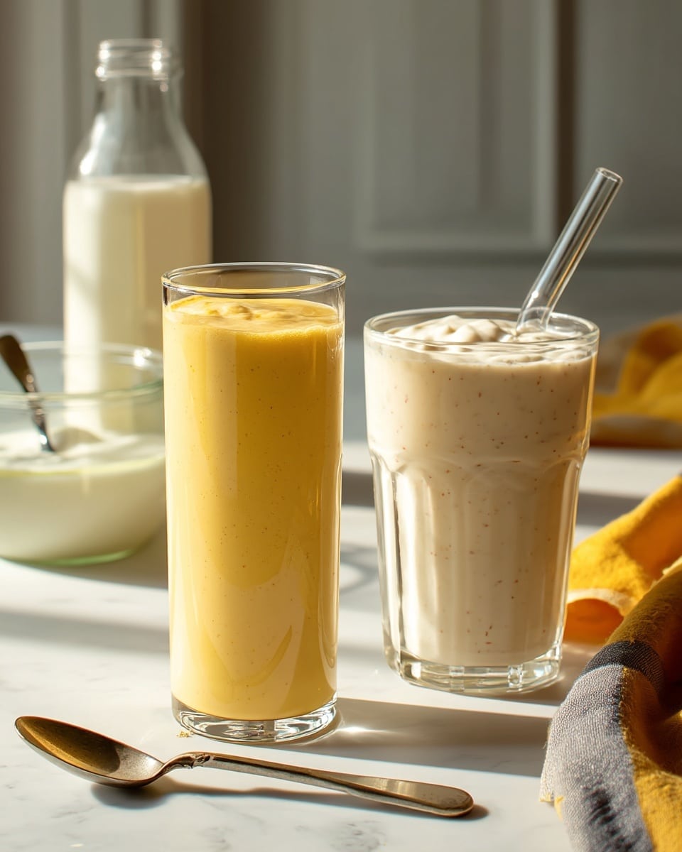 Two tall clear glasses filled with creamy drinks sit side by side on a white marbled surface. The glass on the left contains a smooth, bright yellow drink with a thick texture, while the glass on the right holds a light beige drink with visible specks, suggesting a spiced flavor. Both glasses have clear glass straws inside. In the background, there is a large clear bottle filled with milk, and a small clear jar with thick white yogurt and a silver spoon resting inside. A vintage silver spoon lies on the surface in front of the drinks, and a yellow and gray striped cloth is slightly crumpled on the right side of the frame. The scene is softly lit with natural light, creating warm shadows and emphasizing the creamy textures. photo taken with an iphone --ar 4:5 --v 7
