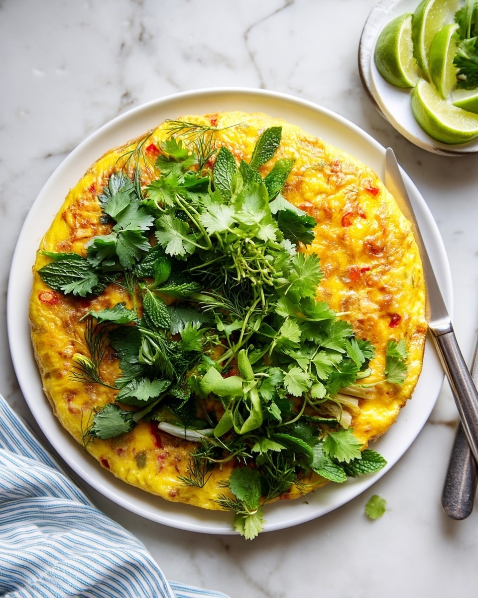 A round, golden-yellow omelette with visible bits of red and white vegetables inside forms the base layer on a large white plate. On top, there is a loose pile of fresh green herbs with different shapes and textures, including cilantro leaves, mint, and dill, scattered mainly on one side of the omelette. The plate sits on a white marbled surface, with part of a silver knife placed on the right side and a small white plate with lime wedges in the upper right corner. A white and blue striped cloth napkin is visible in the bottom left corner near the edge of the frame. Photo taken with an iphone --ar 4:5 --v 7