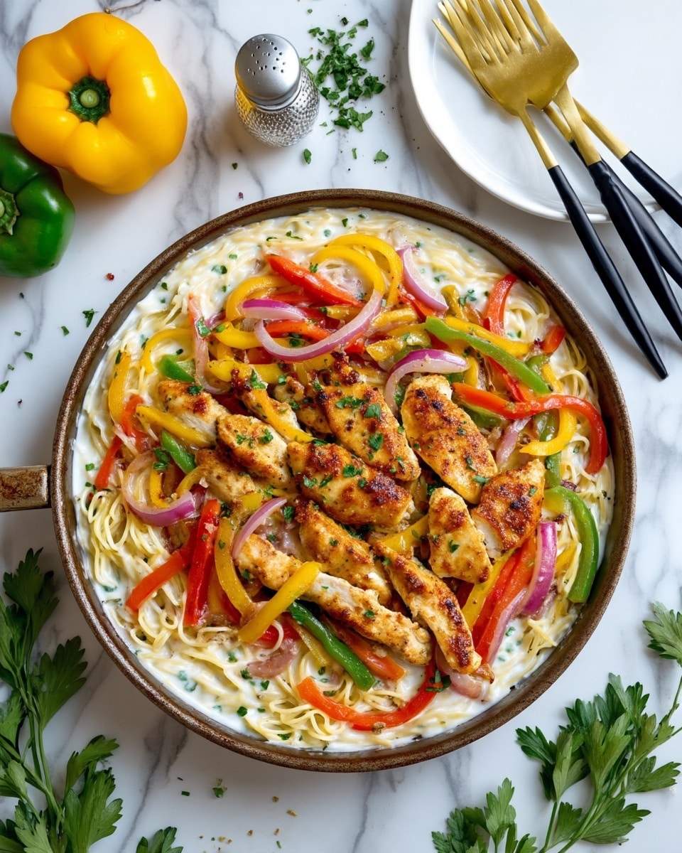 The dish features a pan filled with three main layers: at the bottom, a creamy white sauce with a smooth texture covers the base; on top of the sauce lies a layer of cooked pasta with a pale yellow color, slightly glossy; the top layer consists of golden-brown grilled chicken strips arranged closely together, mixed with sautéed slices of red, yellow, and green bell peppers and thinly sliced red onions, all sprinkled with chopped green herbs. Around the pan, there is a white plate with three gold forks with black handles, a yellow bell pepper, green bell pepper, salt and pepper shakers, a small bowl of chopped green herbs, and fresh parsley on a white marbled surface. Photo taken with an iphone --ar 4:5 --v 7
