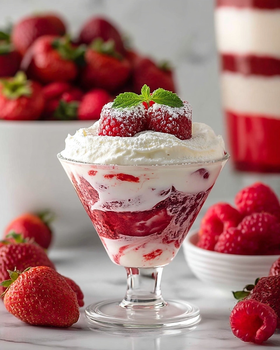 The image shows a clear glass dessert cup filled with three main layers. The bottom layer is a mix of crushed red strawberries and a light pinkish creamy texture. The middle layer is a thick, smooth white cream, topped again with a mix of crushed strawberries and cream. The top layer is thick white whipped cream crowned with whole fresh strawberries dusted with powdered sugar and a small green mint leaf in the center. In the background, there is a large white bowl full of whole strawberries and another bowl partially seen with raspberries, all placed on a white marbled surface. A tall glass dessert with red and white layers is visible on the right side. photo taken with an iphone --ar 4:5 --v 7