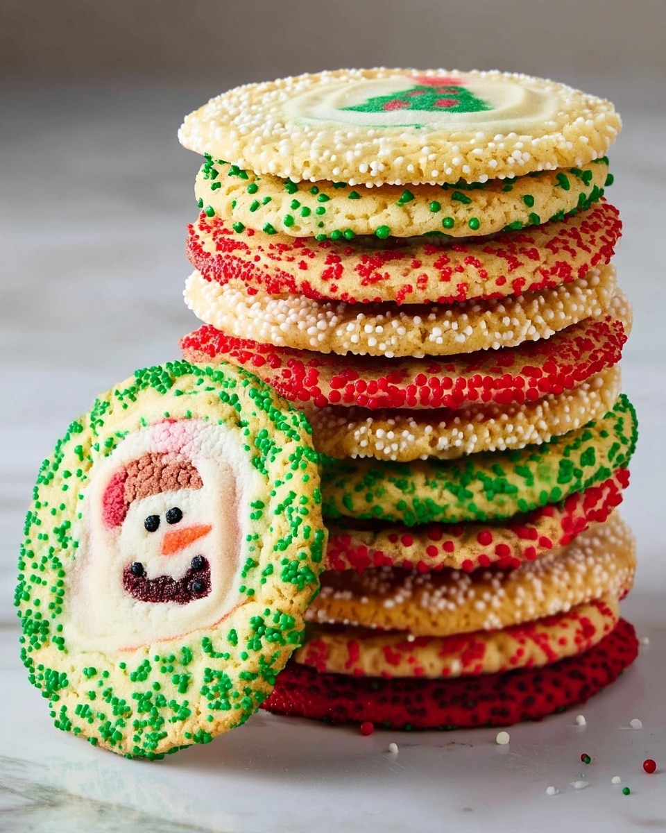 A stack of nine round cookies is shown on a white marbled surface, each cookie decorated with small, round red, green, or white sprinkles on its edge. The cookies alternate in sprinkle color with four cookies having green sprinkles, three with red, and two with white. One cookie leaning against the stack has a smiling snowman face in brown and red on a white center, with green sprinkles around the border. The top cookie has a green Christmas tree with red dots in the center. The cookies have a soft, slightly cracked texture with bright, festive colors. photo taken with an iphone --ar 4:5 --v 7