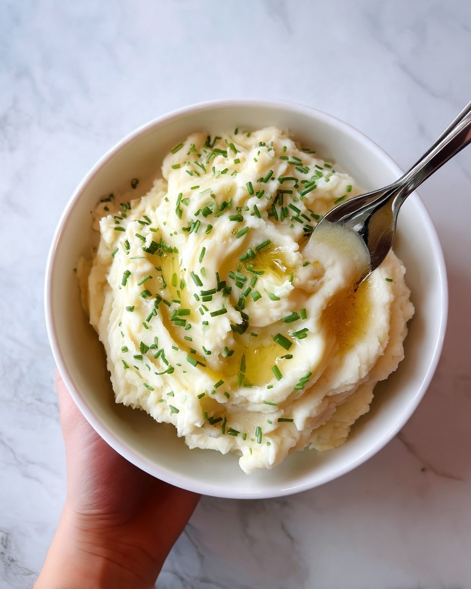 A close-up of a bowl filled with creamy mashed potatoes, showing soft, fluffy white texture with gentle swirls on the surface. The top layer is lightly coated with melted butter that creates shiny yellow pools in some areas. Sprinkled evenly across the top are small, chopped green chives adding fresh color and tiny texture contrasts. A silver spoon is partially dipped into the mash on the right side, resting inside the bowl. The bowl itself is white with a dark rim, placed on a white marbled textured surface. Photo taken with an iphone --ar 4:5 --v 7