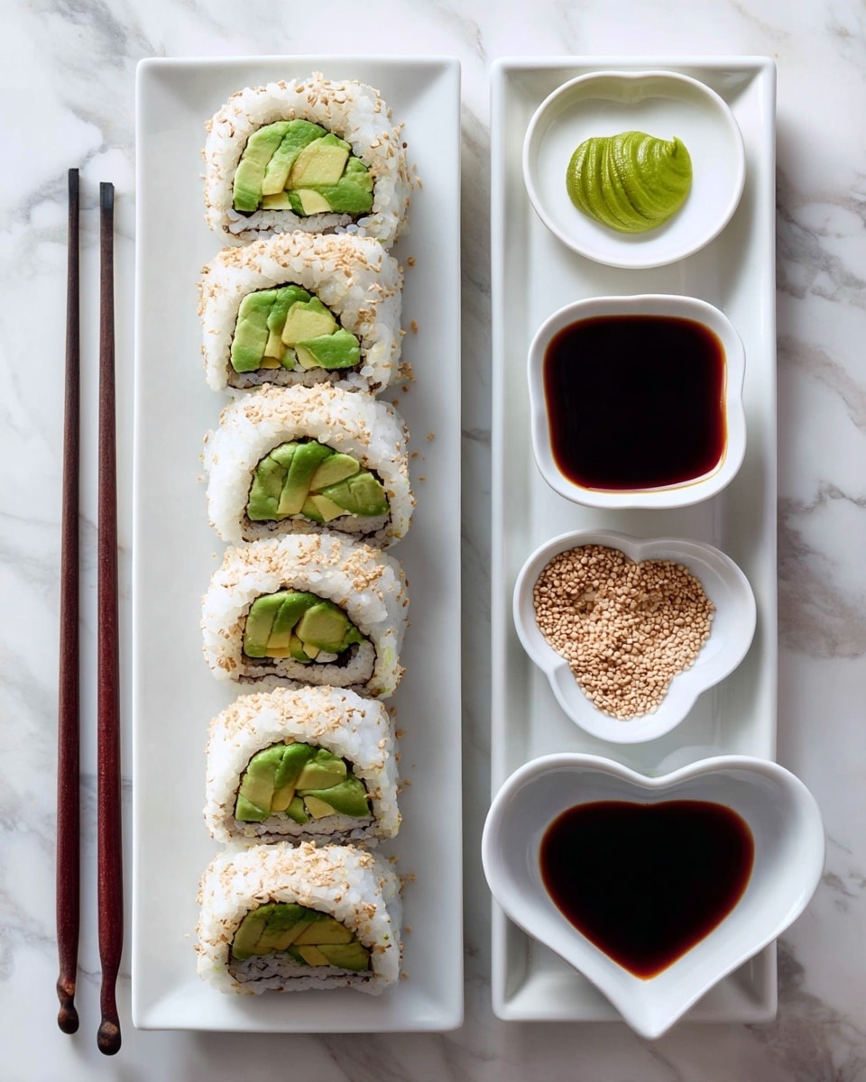 Five sushi rolls are placed in a neat line on a white rectangular plate, each roll covered with white rice sprinkled with light brown sesame seeds. Inside the rolls, layers of green avocado and dark seaweed are visible. Two dark brown chopsticks rest diagonally across the right side of the plate. Above the plate are three small white dishes on a white marbled surface: one contains bright green wasabi shaped in orderly ridges, the second one holds light beige pickled ginger slices, and the third is filled with dark soy sauce. Near the bottom of the image, on the white marbled surface, is a heart-shaped white dish filled with light brown sesame seeds. Photo taken with an iphone --ar 4:5 --v 7