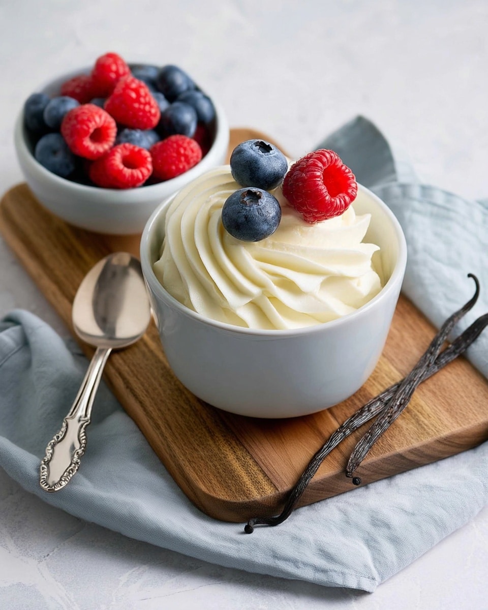 A white bowl filled with creamy white whipped topping, swirled in a circular pattern to form soft peaks, is placed on a wooden cutting board. On top of the whipped topping, there are four berries: two red raspberries and two plump blue blueberries. To the right, another white bowl is filled with a mix of fresh red raspberries and blue blueberries, some berries scattered around on the board. A small silver spoon with an ornate handle rests above the whipped topping bowl. A dark vanilla bean lies on the board below the whipped topping bowl. Part of a light blue cloth is draped casually at the bottom left corner, all set against a white marbled textured surface. photo taken with an iphone --ar 4:5 --v 7