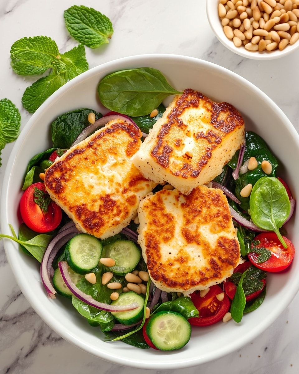 The image shows a white bowl filled with a fresh salad that has multiple layers. The bottom layer is dark green spinach leaves mixed with lighter green salad leaves. The middle layer contains slices of red tomato, round green cucumber, and thinly sliced purple onion rings. On top, there are three large pieces of grilled cheese with a golden-brown crispy texture, scattered pine nuts, and a few spinach leaves. To the right side of the bowl is a small white bowl with more pine nuts. In the background, there is a glass jar with yellow dressing and a spoon inside, all placed on a white marbled surface with some green mint leaves scattered nearby. photo taken with an iphone --ar 4:5 --v 7