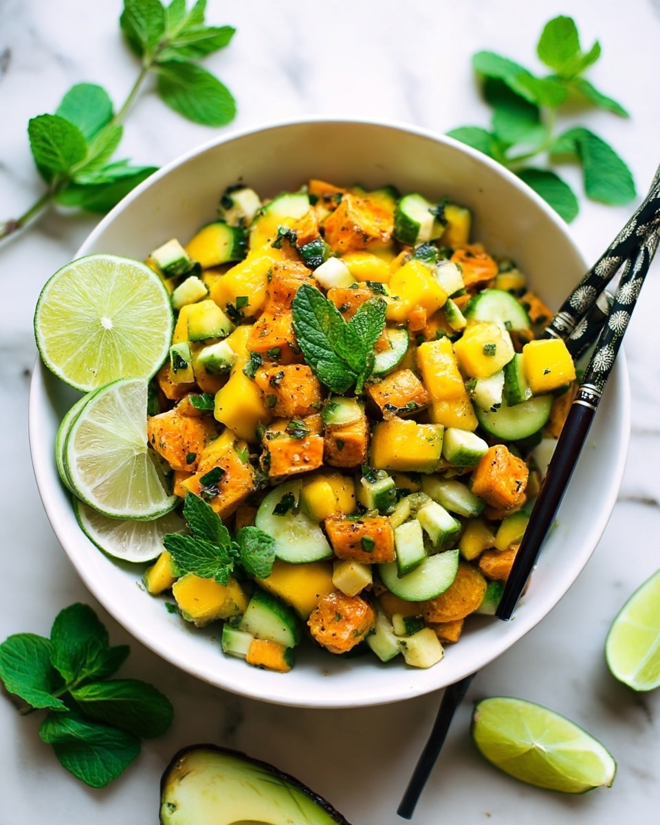 A bowl filled with a colorful fruit and vegetable salad, showing a mix of chopped yellow mango, green cucumber, grilled orange sweet potato pieces, and fresh green herbs, with two black chopsticks resting on the right side of the white bowl. A green lime wedge sits on the left inside the bowl, with more lime wedges and fresh green mint leaves scattered on the white marbled surface around it. The textures show a fresh and slightly grilled mix, with the herbs sprinkled evenly on top, creating a vibrant and fresh look. Photo taken with an iphone --ar 4:5 --v 7