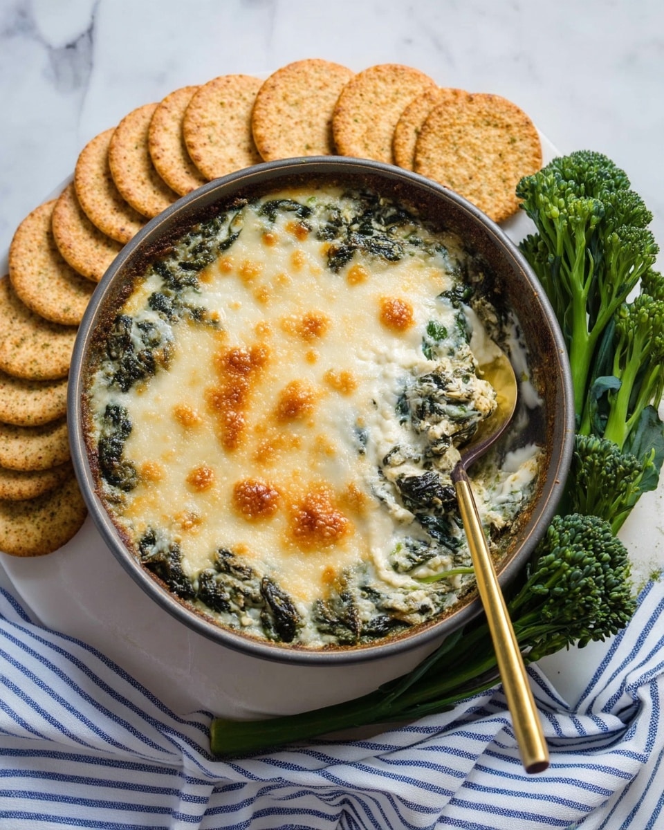 A round gray bowl filled with creamy spinach artichoke dip that has a melted, bubbly, slightly browned white cheese layer on top mixed with dark green spinach leaves, and a smooth, thick texture underneath; the bowl rests on a white marbled surface with a cluster of bright green broccolini to the right and a neat row of round brown whole-grain crackers lined up below on a blue and white striped cloth; a gold spoon is dipped into the dip on the right side of the bowl. photo taken with an iphone --ar 4:5 --v 7