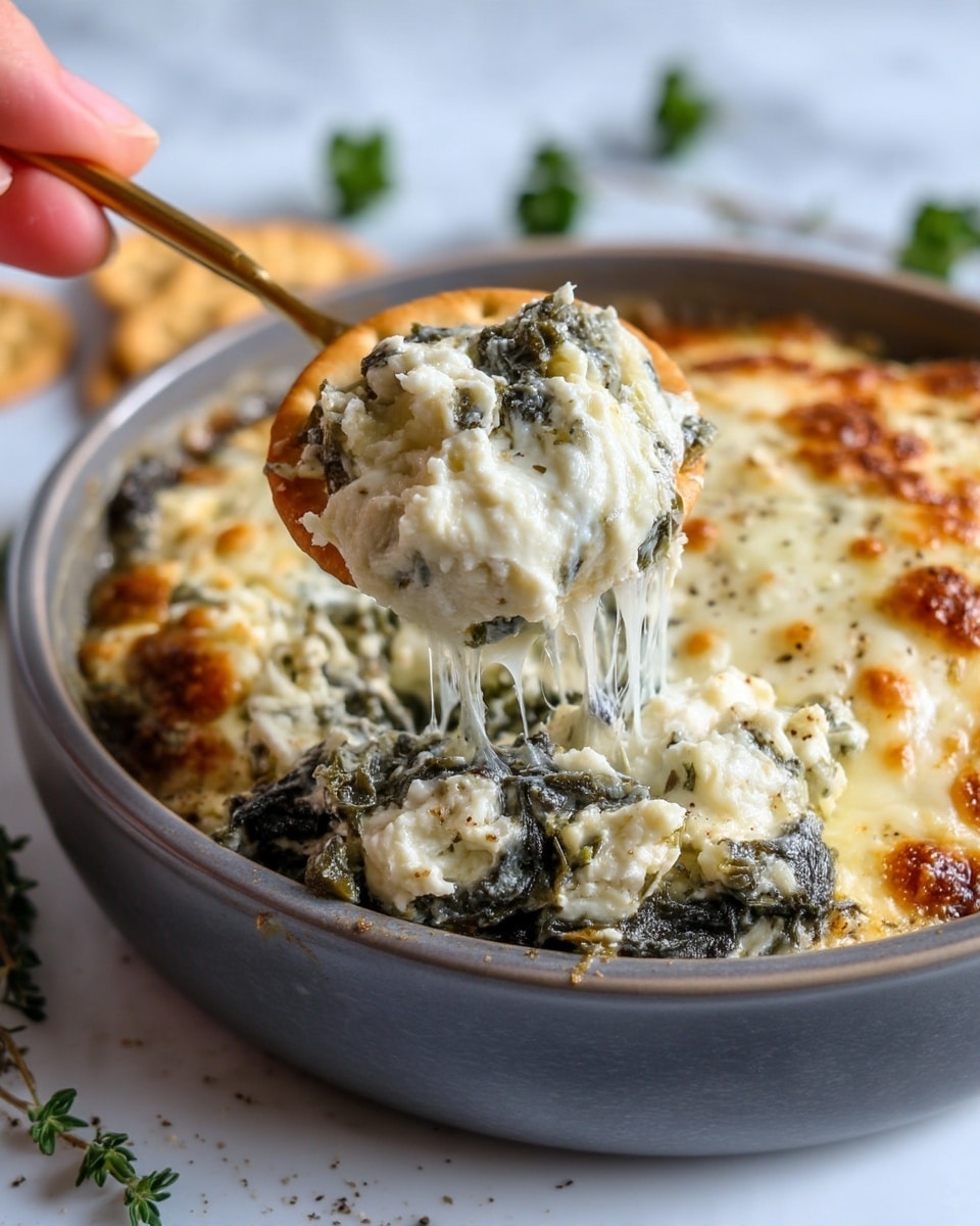 A large round gray pan filled with a creamy spinach and cheese dip showing a textured mix of dark green spinach leaves and crumbled white cheese layered evenly across the surface; a woman's hand is dipping a round, golden-brown cracker topped with the same creamy spinach and cheese mixture above the pan, creating a clear focus on the thick texture and color contrast; a gold spoon rests inside the pan, and there is some greenery blurred in the background, all set on a white marbled surface. photo taken with an iphone --ar 4:5 --v 7