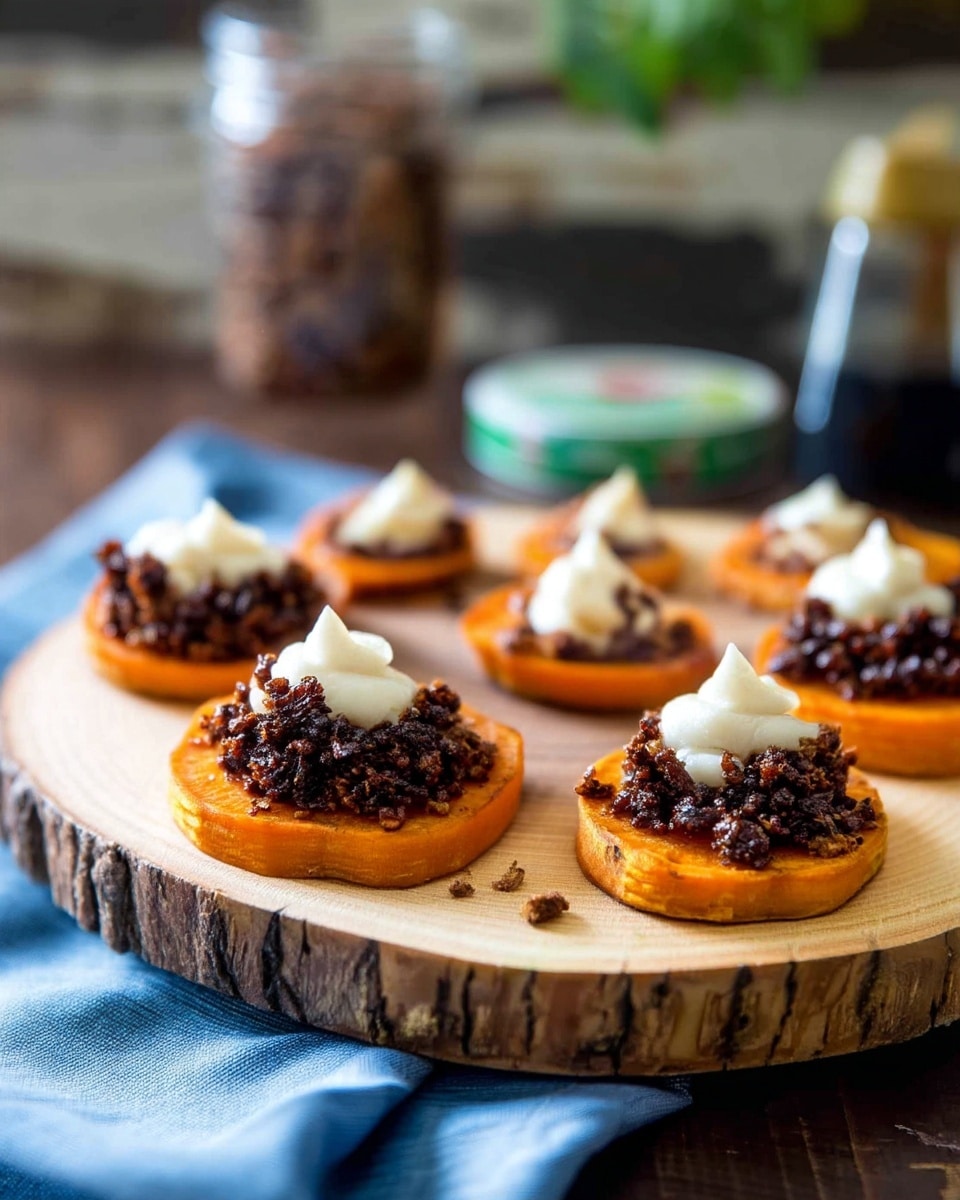 The image shows several small round orange bases, likely sweet potato slices, arranged neatly on a wooden round board with bark edges. Each slice is topped with a layer of small dark brown crumbles, possibly chocolate or nuts, and then finished with a swirl of white creamy topping in the center. The background is softly blurred with a green and white container and a bottle visible. The wooden board sits on a surface partially covered with a blue cloth, all placed on a white marbled texture. Photo taken with an iphone --ar 4:5 --v 7
