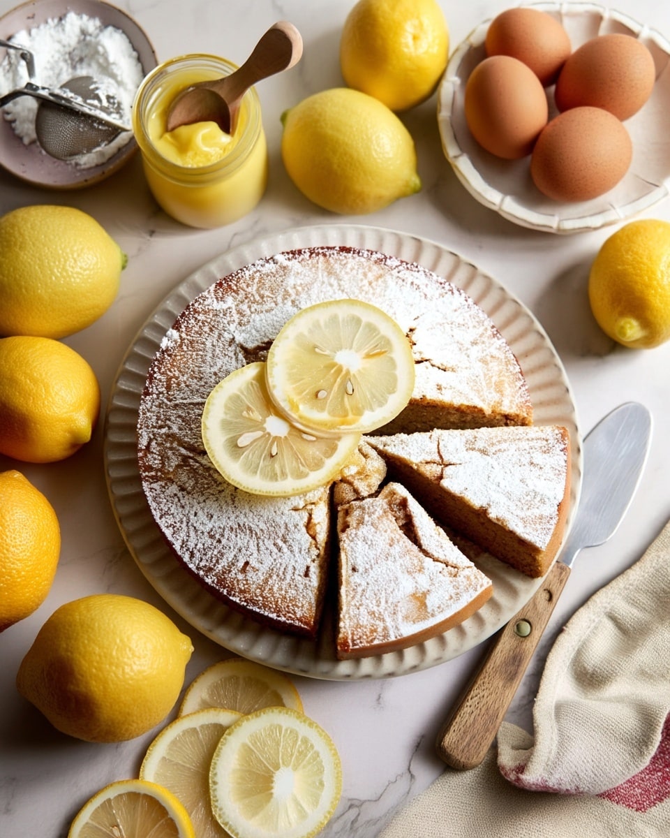 A single-layer round cake with a golden brown crust and cracks on top is covered with a thick dusting of white powdered sugar. The cake sits on a circular metal drying rack placed on a white marbled surface sprinkled lightly with powdered sugar. Below the drying rack, a small white plate holds a metal sifter filled with powdered sugar, resting on more scattered sugar. Photo taken with an iphone --ar 4:5 --v 7