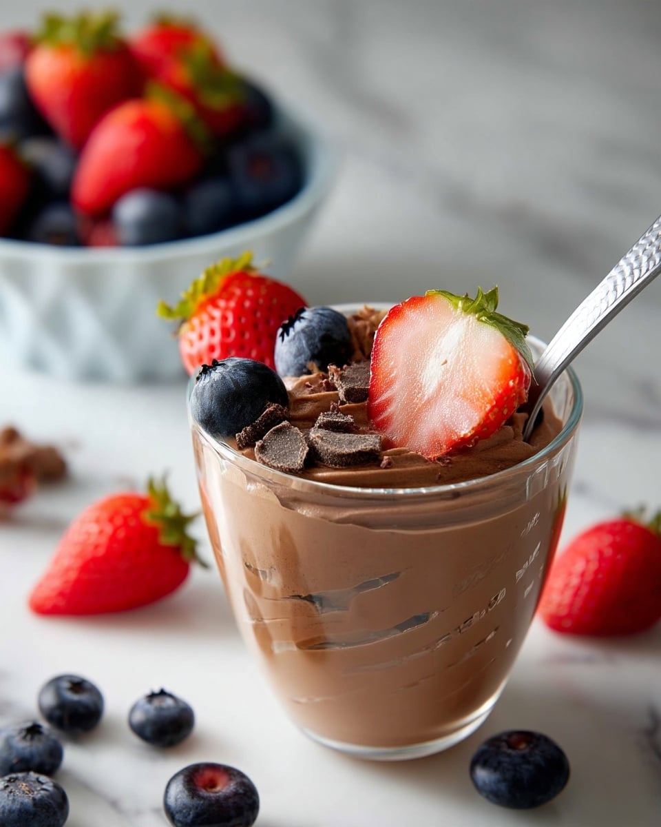 A clear glass cup filled with three visible layers of smooth, silky light brown chocolate mousse topped with chocolate shavings, three fresh blueberries and a half sliced strawberry showing its red and white inside and green top; a silver spoon is gently digging into the mousse near the strawberry; in the blurred background is a white bowl filled with bright strawberries and blueberries sitting on a white marbled surface, with scattered strawberries and blueberries around. photo taken with an iphone --ar 4:5 --v 7