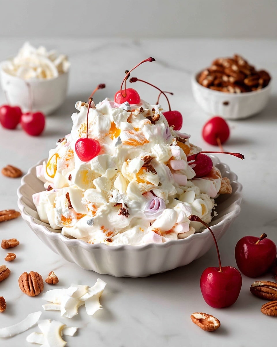 A large mound of a creamy white salad sits in a white scalloped bowl on a white marbled textured surface. The salad is mixed with translucent white and orange segments and small pieces of chopped nuts scattered throughout, giving it a slightly chunky look. On top and around the salad, bright red cherries with stems add a splash of color. Around the bowl, a few scattered toasted coconut flakes and nuts add texture and detail. Photo taken with an iphone --ar 4:5 --v 7