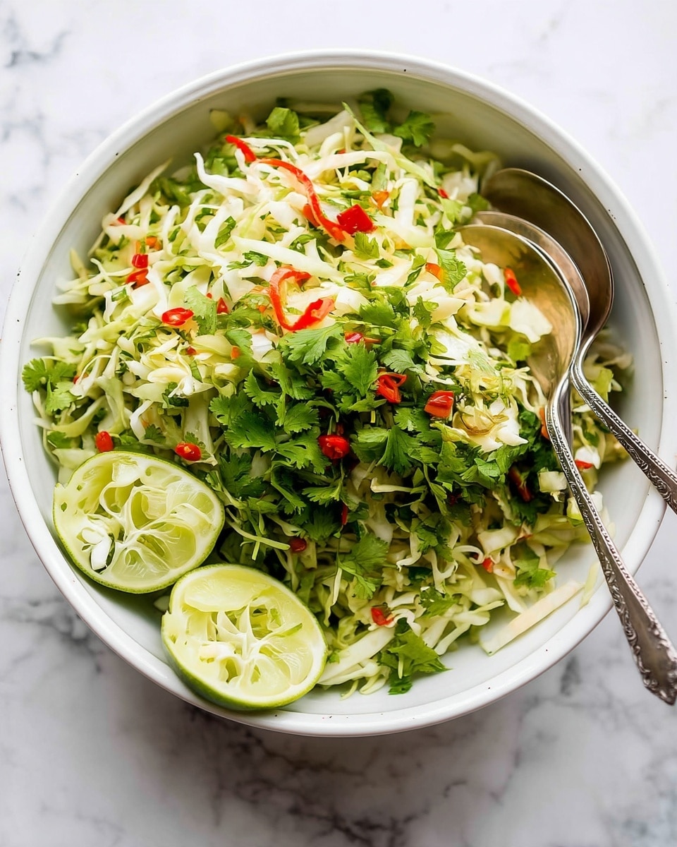 The image shows a bowl full of fresh cabbage salad with finely shredded light green and white cabbage as the base layer, mixed with small pieces of bright red chili scattered throughout. On top, there is a layer of chopped fresh green herbs, mostly cilantro, adding a vibrant contrast. Two halves of squeezed lime with a pale green color rest on the side of the bowl. A silver spoon and another serving spoon sit partially submerged in the salad on the right side. The bowl is white and sits on a white marbled surface. The photo taken with an iphone --ar 4:5 --v 7
