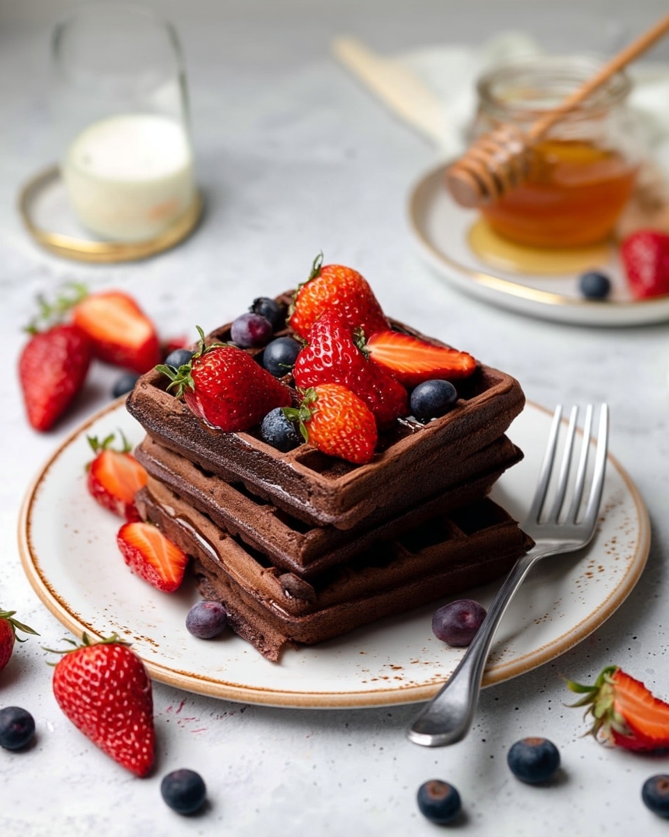 The image shows a stack of three dark brown chocolate waffles on a white plate with a thin brown rim, placed on a white marbled surface. The top waffle is decorated with fresh whole and halved red strawberries and round blue blueberries, some of which fill the waffle pockets. A silver fork and knife rest on the right side of the waffles. Scattered around the plate on the surface are more strawberries and blueberries. In the background, there is a half-visible glass jar with a wooden honey dipper resting on a small white plate with a gold rim. photo taken with an iphone --ar 4:5 --v 7