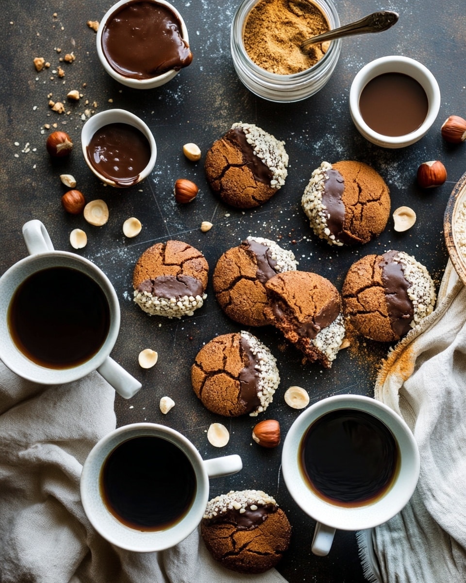The image shows several round, cracked brown cookies dipped halfway in dark chocolate and sprinkled with crushed nuts on one side, scattered on a dark textured surface. Some cookies are whole while two are broken in halves, showing a soft inside. Around the cookies, there are white cups filled with black coffee, a small white bowl with dark chocolate sauce, a white jar with crushed nuts spilling out a bit, and a white jar containing brown powder with a spoon inside. A beige cloth is placed near the jar with powder. The whole scene is arranged casually with some whole hazelnuts placed randomly. Photo taken with an iphone --ar 4:5 --v 7