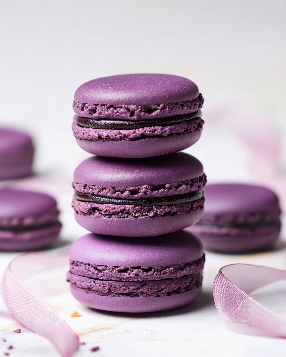 A stack of three purple macarons is placed in the center on a white marbled surface, each macaron showing two smooth, rounded purple shells with a textured edge and a dark purple creamy filling layer in the middle. Around the stack, there are three more purple macarons, slightly blurred to create depth. A soft pink translucent ribbon curves gently across the surface near the macarons. The background is a clean, light white marbled texture that highlights the rich purple color of the macarons. photo taken with an iphone --ar 4:5 --v 7